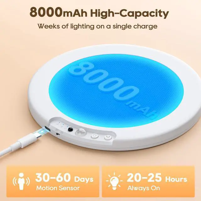 Alt view image 3 of 7 - Rechargeable Motion Sensor Ceiling Light, 8000mAh Battery Operated Ceiling Lights with Remote, Magnetic Wireless Closet Light, 3 Color Dimmable LED Lights for Closet Shower Pantry Shed Hallway Stairs