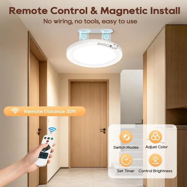 Alt view image 4 of 7 - Rechargeable Motion Sensor Ceiling Light, 8000mAh Battery Operated Ceiling Lights with Remote, Magnetic Wireless Closet Light, 3 Color Dimmable LED Lights for Closet Shower Pantry Shed Hallway Stairs
