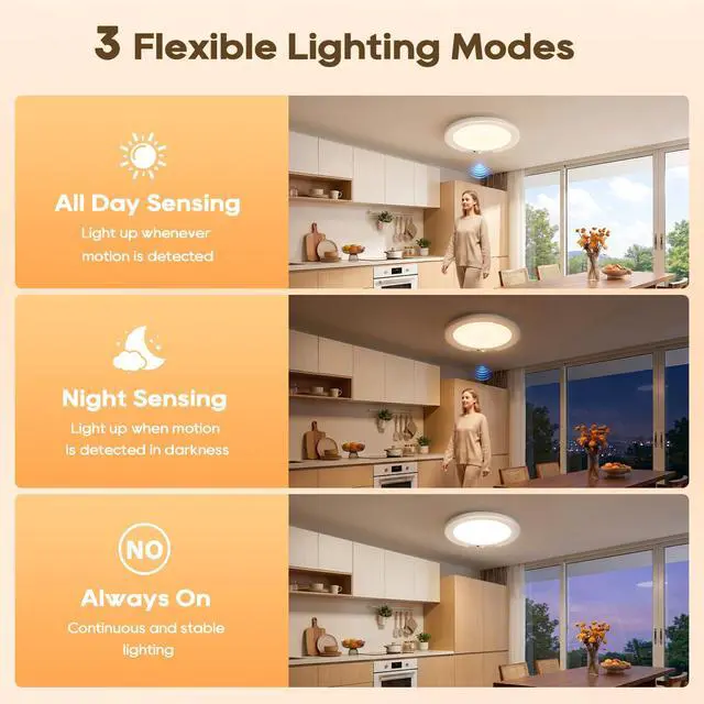 Alt view image 5 of 7 - Rechargeable Motion Sensor Ceiling Light, 8000mAh Battery Operated Ceiling Lights with Remote, Magnetic Wireless Closet Light, 3 Color Dimmable LED Lights for Closet Shower Pantry Shed Hallway Stairs
