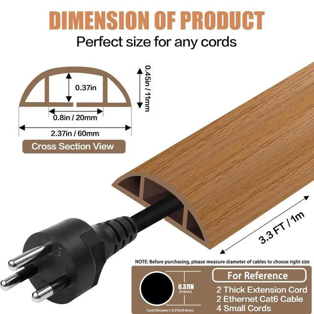 Alt view image 2 of 7 - Floor Cord Cover Cavity 0.8"x0.37" Self Adhesive Cord Hider, 3.3FT Low Profile Cable Management, Extension Strip Protector for Wires, Prevent Cable Trips for Offices, Gyms, Exhibitions (Brown Wood)
