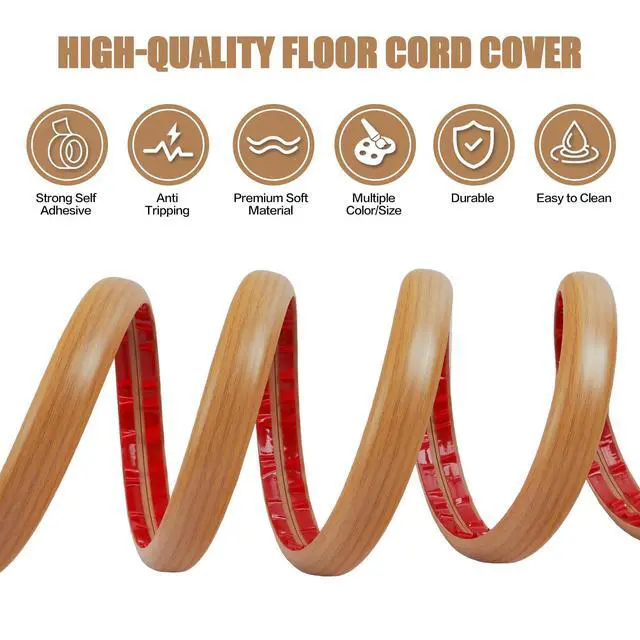 Alt view image 3 of 7 - Floor Cord Cover Cavity 0.8"x0.37" Self Adhesive Cord Hider, 3.3FT Low Profile Cable Management, Extension Strip Protector for Wires, Prevent Cable Trips for Offices, Gyms, Exhibitions (Brown Wood)