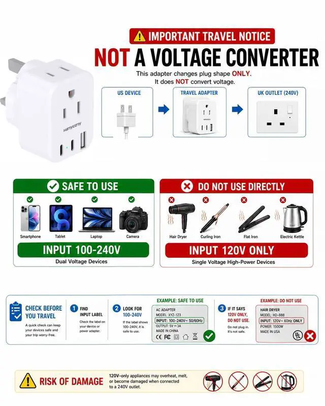 Alt view image 5 of 7 - US to UK Ireland Travel Plug Adapter, Type G Travel Adapter 2 Outlets 3 USB Ports(2USB C), UK Power Adapter Converter for USA to Dubai England London Scotland British Kenya Irish Hongkong