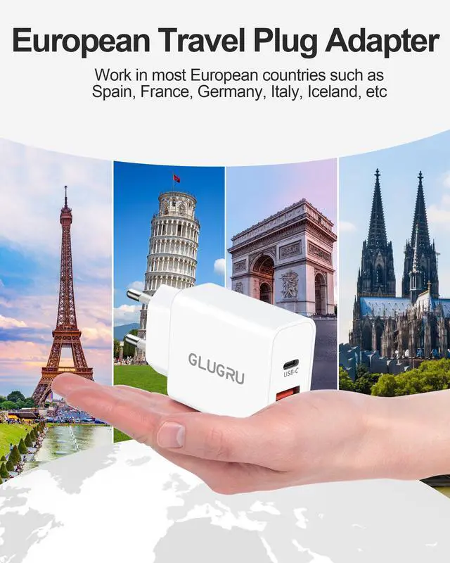 Alt view image 3 of 7 - European Travel Plug Adapter, 2Pack 20W Dual Port USB C Wall Charger