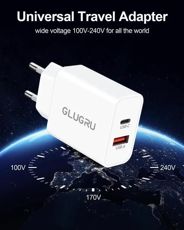 Alt view image 6 of 7 - European Travel Plug Adapter, 2Pack 20W Dual Port USB C Wall Charger