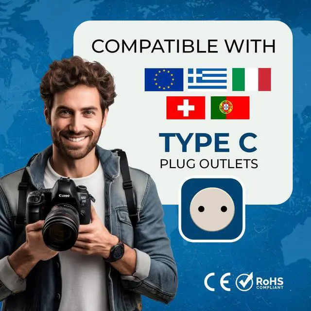 Alt view image 5 of 7 - USA to Europe, Turkey, Spain & More (Type C) Travel Adapter Plug - 2 in 1 - CE Certified - RoHS Compliant - 2 Pack - White Color (DB-9C-2PK)