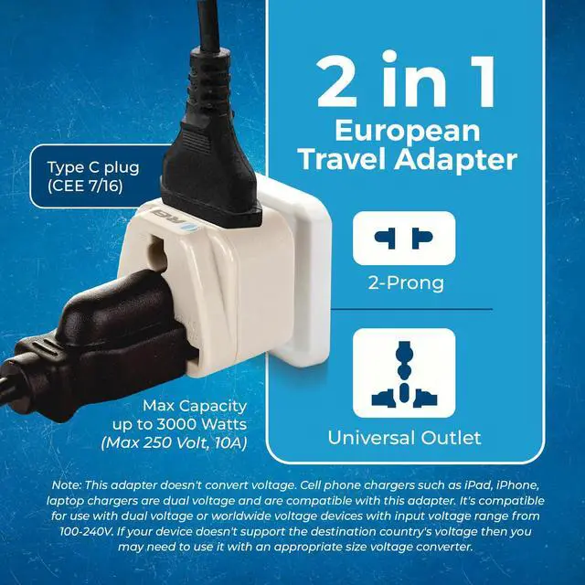 Alt view image 7 of 7 - USA to Europe, Turkey, Spain & More (Type C) Travel Adapter Plug - 2 in 1 - CE Certified - RoHS Compliant - 2 Pack - White Color (DB-9C-2PK)