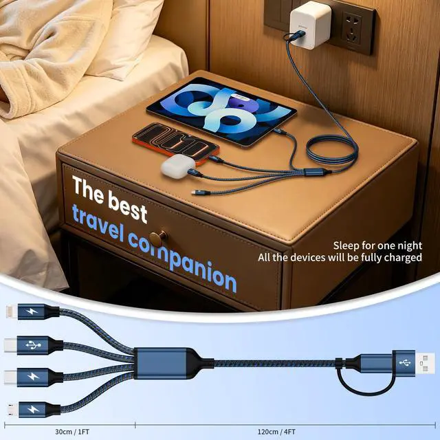 Alt view image 4 of 7 - 4 in 2 Multi Charging Cable,Dual Type-C Multiple Charger Cable,USB A/C Charging Cables for Multiple Devices with IP/Micro/USBC Port, Universal USB C Cable Phone Charger Cord for iPhone 16-12,Navy