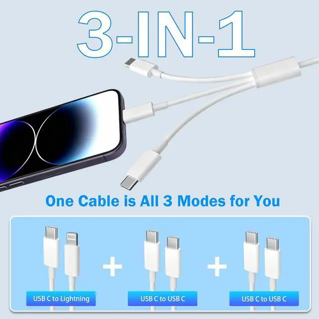 Alt view image 2 of 7 - Multi USB Cable 6FT, 3 in 1 USB C to 2*USB C and Lightning Port Cable Compatible for iPhone 17 16 15 14 13 12 11 XS XR X, 60W Type C Fast Charger Cord for iPhone and Android Devices in the Car/Office