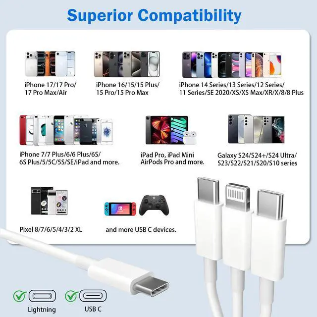 Alt view image 5 of 7 - Multi USB Cable 6FT, 3 in 1 USB C to 2*USB C and Lightning Port Cable Compatible for iPhone 17 16 15 14 13 12 11 XS XR X, 60W Type C Fast Charger Cord for iPhone and Android Devices in the Car/Office