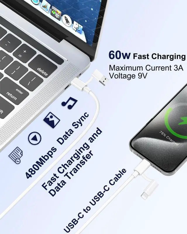 Alt view image 6 of 7 - Multi Charger Cable 4 in 1 Fast Charging, USBC to USBC Cable 60W iPhone Charger cable 6.6FT Lightning cable USB C/USB A to Lightning, USB C/USB A to Usb c iPhone Lead Wire Cord for iPhone,iPad,Samsung