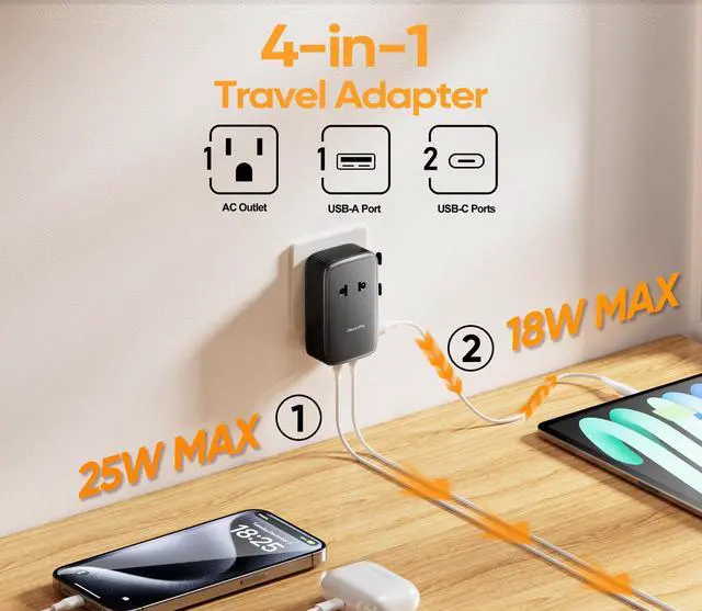 Alt view image 2 of 6 - Universal Travel Adapter PD25W, European Travel Plug Adapter with 3 USB, International Plug Adapter for US to EU UK AUS (Type-C/G/A/I), Black