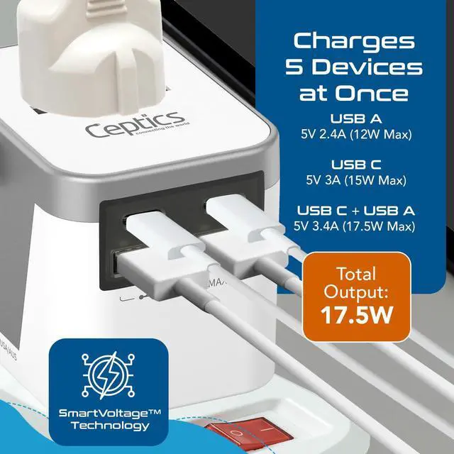 Alt view image 3 of 7 - Universal Travel Adapter Plug with Dual USB-A and C Ports Worldwide Power Adapter for Europe, UK, China, UAE, Australia Charge Phones, Smartwatches & Tablets Type A, C, G, I