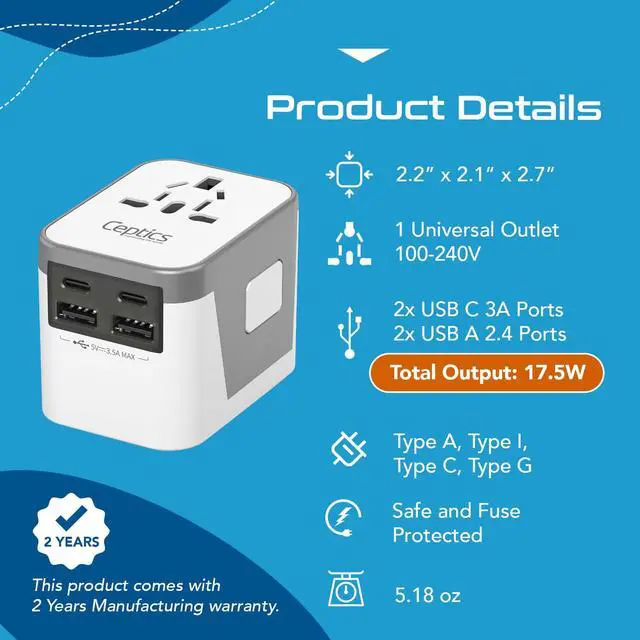 Alt view image 7 of 7 - Universal Travel Adapter Plug with Dual USB-A and C Ports Worldwide Power Adapter for Europe, UK, China, UAE, Australia Charge Phones, Smartwatches & Tablets Type A, C, G, I