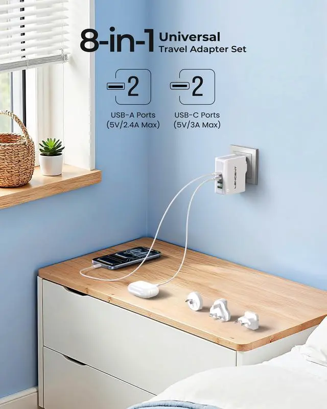 Alt view image 3 of 7 - Multiport International USB Wall Charger, 4 Port European USB C Adapter, Foldable Cell Phone Charger Block Cube, Travel Power Adapter for US to UK EU Europe AU, Cruise Approved Charging Hub