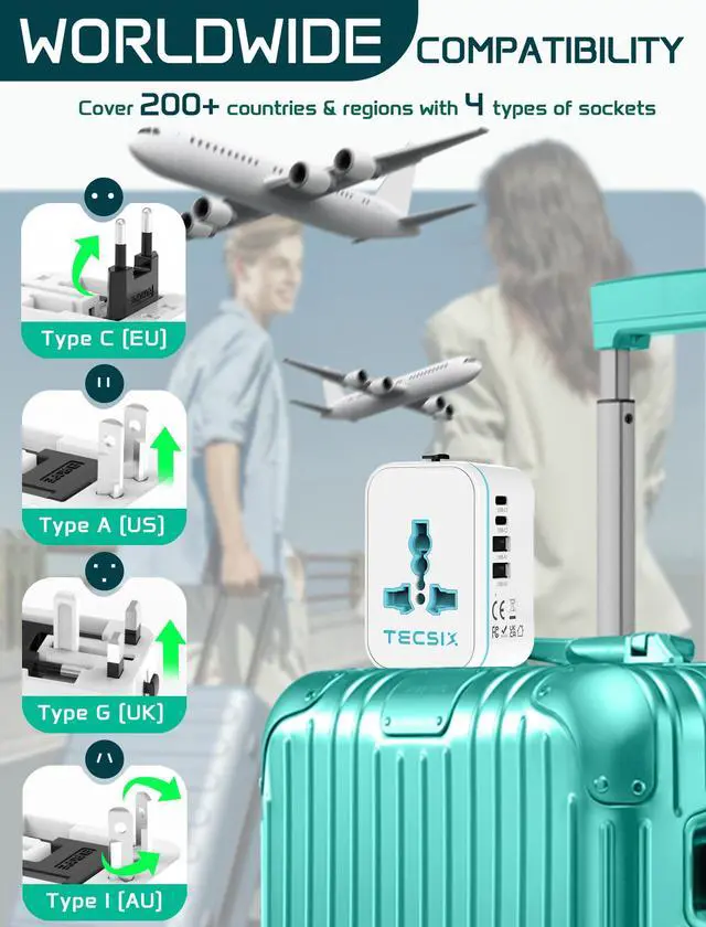 Alt view image 3 of 7 - Universal Travel Adapter Worldwide, International Plug Adapter with 2 USB-C & 2 USB-A Ports, 5-in-1 Travel Power Adapter for EU UK US AUS, Compact Travel Essentials for 200+ Countries