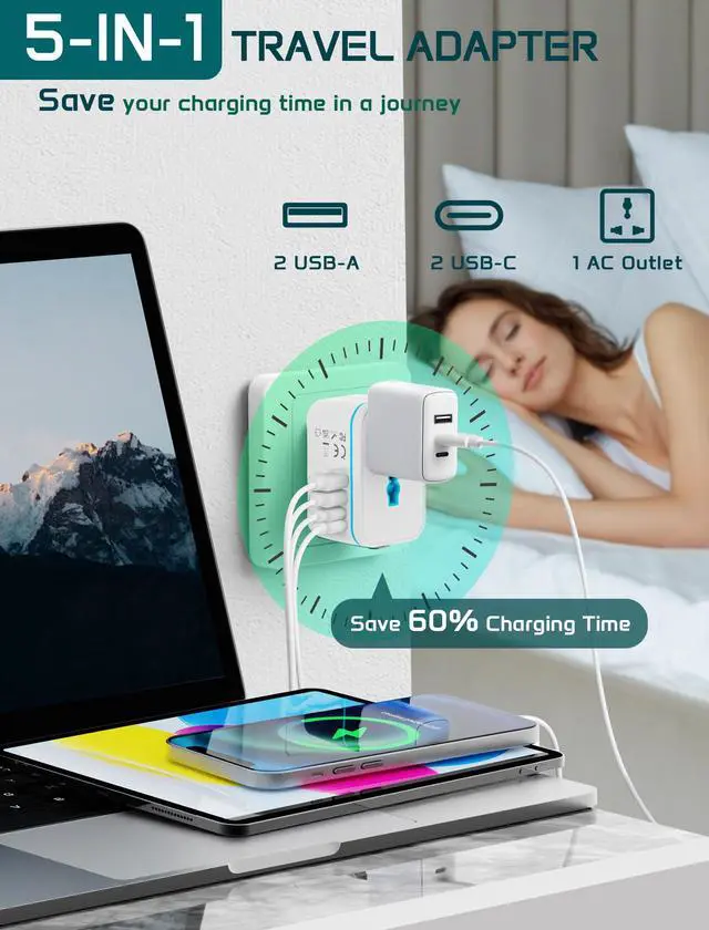 Alt view image 5 of 7 - Universal Travel Adapter Worldwide, International Plug Adapter with 2 USB-C & 2 USB-A Ports, 5-in-1 Travel Power Adapter for EU UK US AUS, Compact Travel Essentials for 200+ Countries