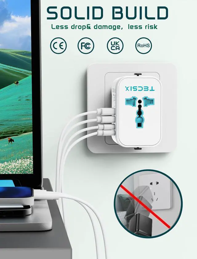 Alt view image 7 of 7 - Universal Travel Adapter Worldwide, International Plug Adapter with 2 USB-C & 2 USB-A Ports, 5-in-1 Travel Power Adapter for EU UK US AUS, Compact Travel Essentials for 200+ Countries
