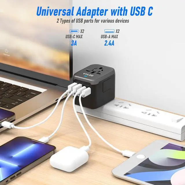 Alt view image 2 of 7 - Universal Travel Adapter, 5 in 1 International Power Adapter with 3.5A 2xUSB-A & 2xUSB-C Ports, Travel Plug Adapter Worldwide for Europe USA UK AUS Travel Essentials (Black Grey)