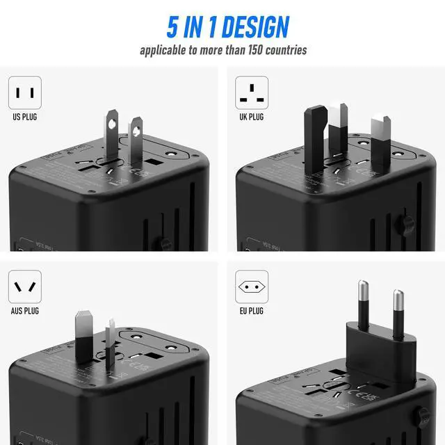 Alt view image 4 of 7 - Universal Travel Adapter, 5 in 1 International Power Adapter with 3.5A 2xUSB-A & 2xUSB-C Ports, Travel Plug Adapter Worldwide for Europe USA UK AUS Travel Essentials (Black Grey)
