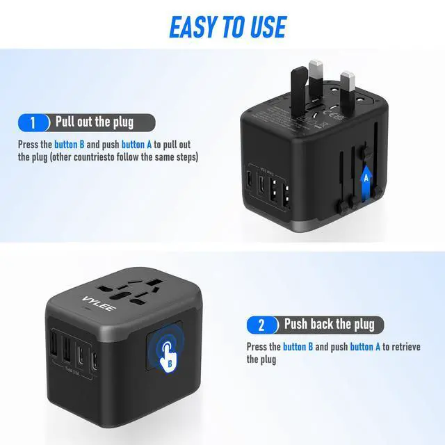Alt view image 5 of 7 - Universal Travel Adapter, 5 in 1 International Power Adapter with 3.5A 2xUSB-A & 2xUSB-C Ports, Travel Plug Adapter Worldwide for Europe USA UK AUS Travel Essentials (Black Grey)