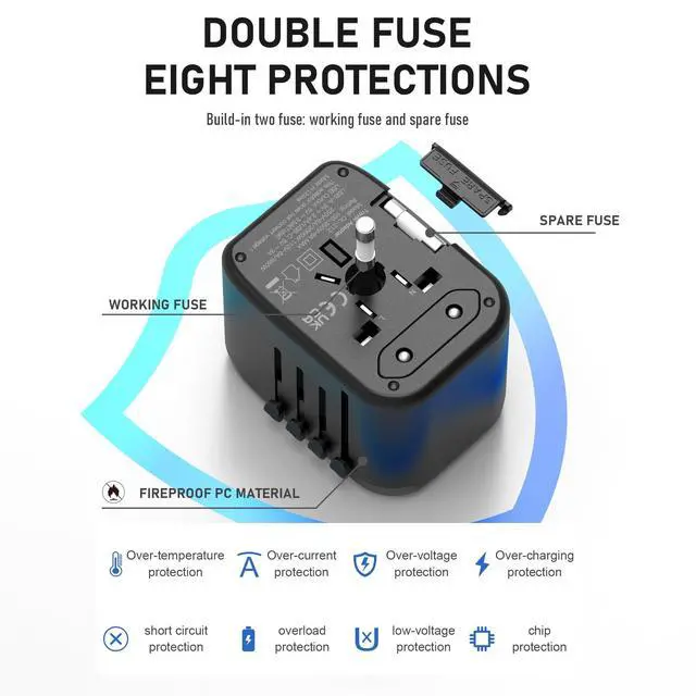 Alt view image 6 of 7 - Universal Travel Adapter, 5 in 1 International Power Adapter with 3.5A 2xUSB-A & 2xUSB-C Ports, Travel Plug Adapter Worldwide for Europe USA UK AUS Travel Essentials (Black Grey)