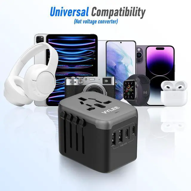 Alt view image 7 of 7 - Universal Travel Adapter, 5 in 1 International Power Adapter with 3.5A 2xUSB-A & 2xUSB-C Ports, Travel Plug Adapter Worldwide for Europe USA UK AUS Travel Essentials (Black Grey)