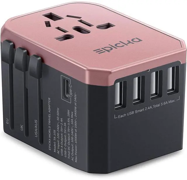 Main image of Universal Travel Adapter, European Travel Plug Adapter - International Power Adapter Worldwide Charger with USB-C & 4 USB-A Ports, Travel Essentials for Italy, UK, Japan (TA-105, Rose Gold)