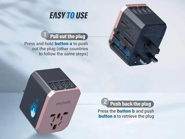 Alt view image 4 of 7 - Universal Travel Adapter, European Travel Plug Adapter - International Power Adapter Worldwide Charger with USB-C & 4 USB-A Ports, Travel Essentials for Italy, UK, Japan (TA-105, Rose Gold)