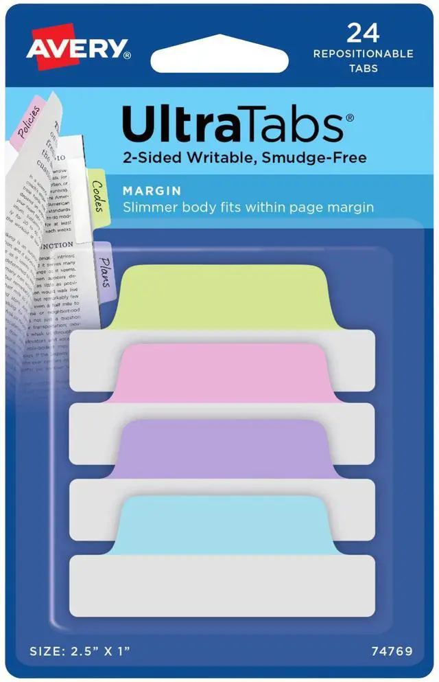 Main image of Margin Ultra Tabs, 24 Repositionable Sticky Tabs, 2.5" x 1", 2-Side Writable Page Markers in Assorted Pastel Colors, 1 Pack (74769)