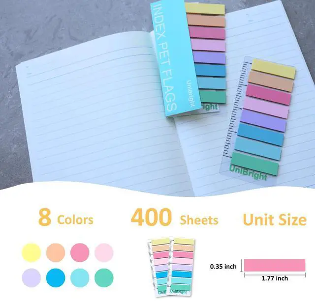 Alt view image 2 of 6 - 400 pcs Sticky Tabs for Books, Colored Transparent and Writable Page Markers with 4 Inch Ruler, Repositionable Strong Sticky Page Tabs for Bible, Notebook, Office & School