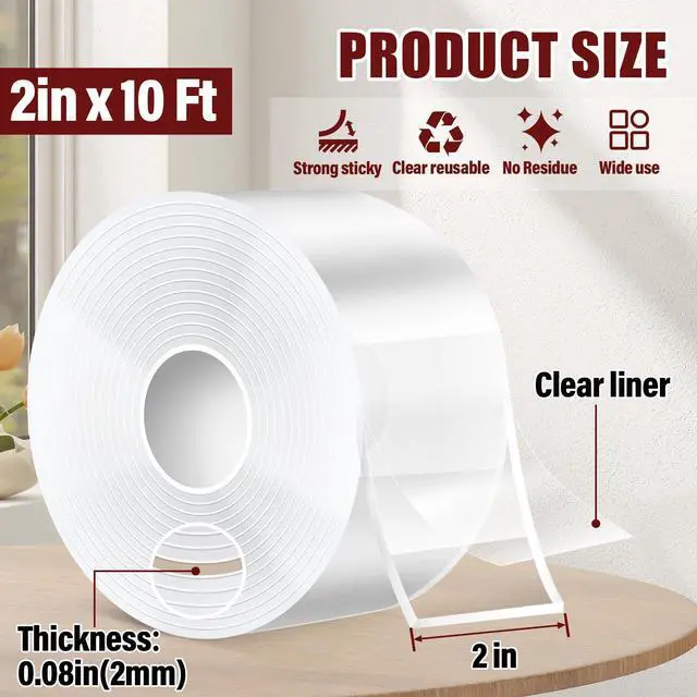Alt view image 2 of 7 - 2In x 10Ft Heavy Duty Double Sided Tape, Removable Nano Tape, Transparent Multipurpose Mounting Tape for Home and Office
