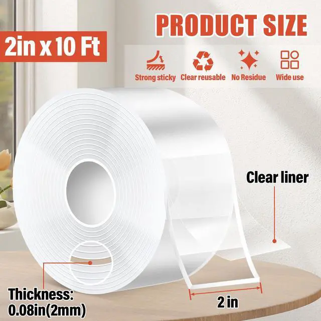 Alt view image 2 of 7 - 2In x 10Ft Double Sided Nano Tape, Heavy Duty Removable Transparent Mounting Tape for Walls, Home, Office, Kitchen Multipurpose Reusable Adhesive Tape