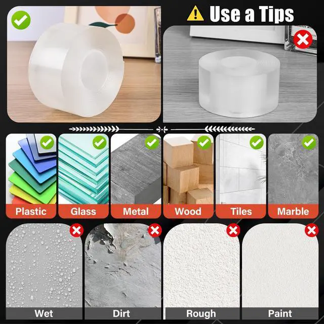 Alt view image 7 of 7 - 2In x 10Ft Double Sided Nano Tape, Heavy Duty Removable Transparent Mounting Tape for Walls, Home, Office, Kitchen Multipurpose Reusable Adhesive Tape