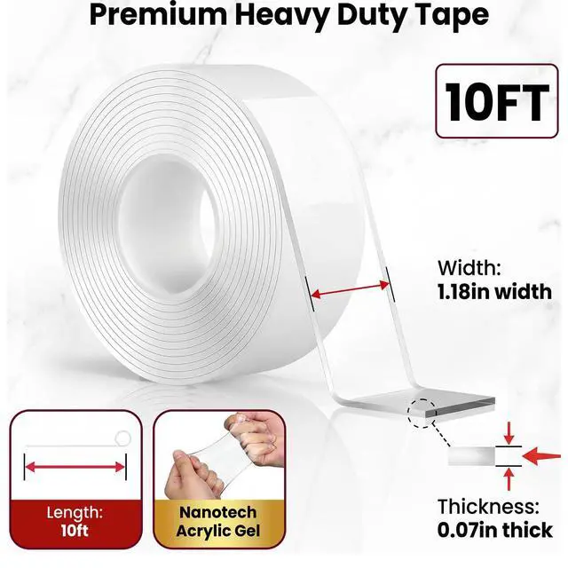 Alt view image 2 of 5 - Heavy Duty Double Sided Tape,10 Ft Strong Mounting Tape, Removable & Reusable Adhesive for Wall, Home, Office, Carpet - Clear (1)