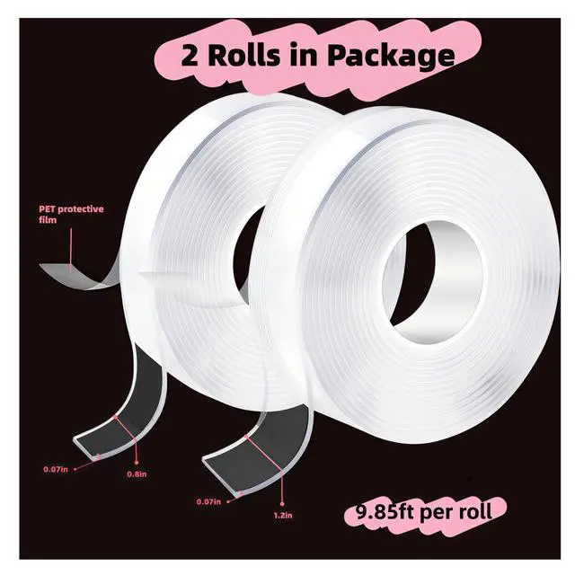 Alt view image 2 of 7 - Nano Double Sided Tape Heavy Duty Strong Adhesive, 2 Rolls (0.8in×9.85ft & 1.2in×9.85ft), Removable Reusable Clear Mounting Tape for Wall, Carpet & Picture Hanging