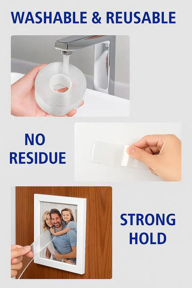 Alt view image 4 of 7 - Heavy Duty Double Sided Mounting Tape - 10ft Clear Removable Adhesive Strips for Wall Pictures Decor - Damage Free Reusable Nano Technology