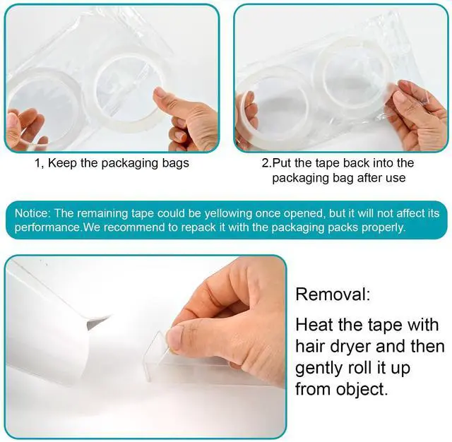 Alt view image 5 of 7 - 2PCS Heavy Duty Double-Sided Tape (10FT Long), Removable Adhesive Gel Tape, Clear Invisible Mounting Strips for Home and Office Use