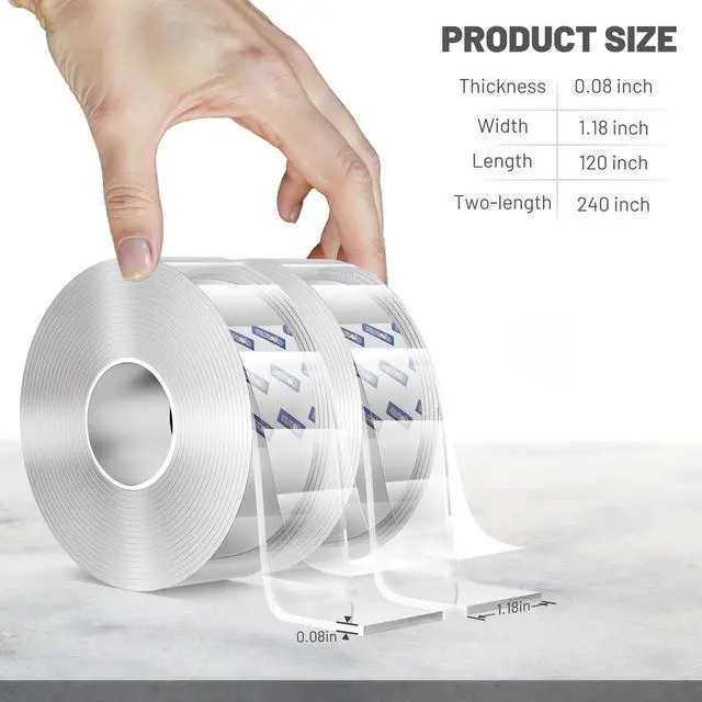 Alt view image 5 of 7 - Double-Sided Tape, 0.08Inch Thick Heavy Duty Enhanced Transparent Adhesion Tape. 2 Rolls Reusable Mounting Tape, Nano Tape for Poster Carpet Picture Hanging Strip Rug Wall Outdoor (20FT)
