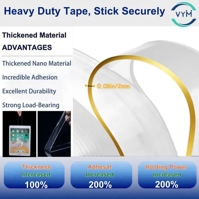 Alt view image 2 of 7 - 4Rolls Thicker 2mm, Nano Double Sided Mountinging Heavy Duty Tape, 2 Sides Sticky Tack Tape for Painted Walls AC Hanging Clear, 0.7in×10fts, 40fts Total Long (Thicker. 4 pack×0.7''×10fts)