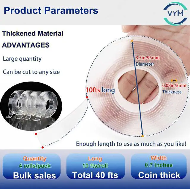 Alt view image 4 of 7 - 4Rolls Thicker 2mm, Nano Double Sided Mountinging Heavy Duty Tape, 2 Sides Sticky Tack Tape for Painted Walls AC Hanging Clear, 0.7in×10fts, 40fts Total Long (Thicker. 4 pack×0.7''×10fts)