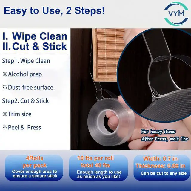 Alt view image 7 of 7 - 4Rolls Thicker 2mm, Nano Double Sided Mountinging Heavy Duty Tape, 2 Sides Sticky Tack Tape for Painted Walls AC Hanging Clear, 0.7in×10fts, 40fts Total Long (Thicker. 4 pack×0.7''×10fts)