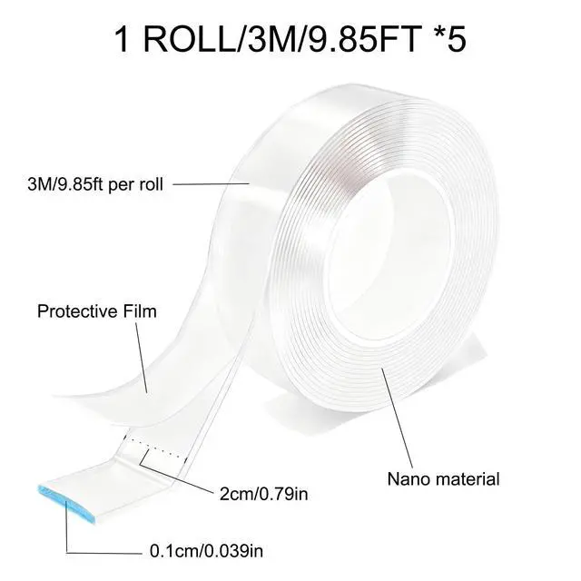 Alt view image 2 of 7 - Nano Double Sided Tape, 5 Rolls x 9.8ft Transparent, Traceless & Washable Adhesive Tape, Reusable Strong Grip for Carpets, Photo Walls & Home Decor