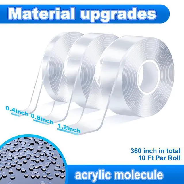 Alt view image 2 of 7 - Clear Heavy Duty Double Sided Tape for Walls(Total 30FT),3 Rolls Strong Mounting Tape,Removable Two Sided Nano Tape for Picture Hanging Multifunctional DIY Adhesive Tape (0.4inch+0.8inch+1.2inch)