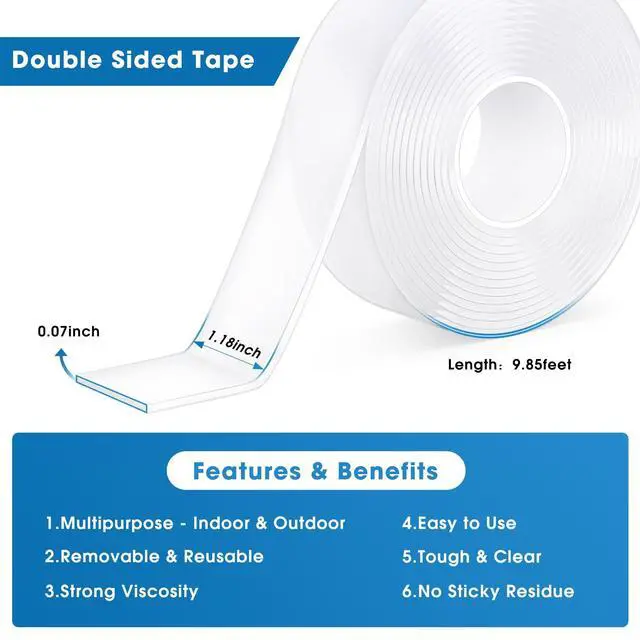 Alt view image 3 of 7 - Double Sided Tape Heavy Duty - Nano Removable Adhesive Mounting Tape Wall Decor, Clear Sticky Picture Hanging Transparent Strips Command Tapes for Poster Carpet Art Craft Home Office School (10FT)