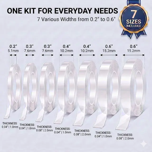 Alt view image 2 of 7 - Thin Double Sided Tape, 7 Rolls Clear Nano Tape Kit in Multi-Sizes