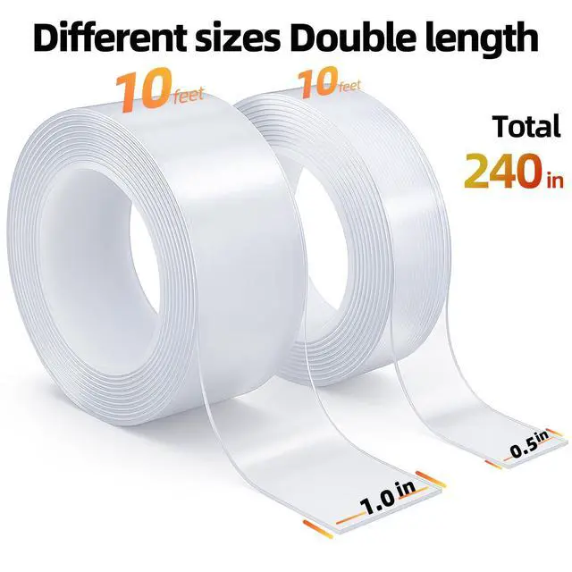 Alt view image 2 of 6 - Double Sided Tape Heavy Duty - 240" x 1" & 0.5" - Removable Nano Tape for Poster Carpet Picture Hanging Strip Rug Wall Outdoor - Clear & Strong Adhesive Multipurpose Mounting Tape