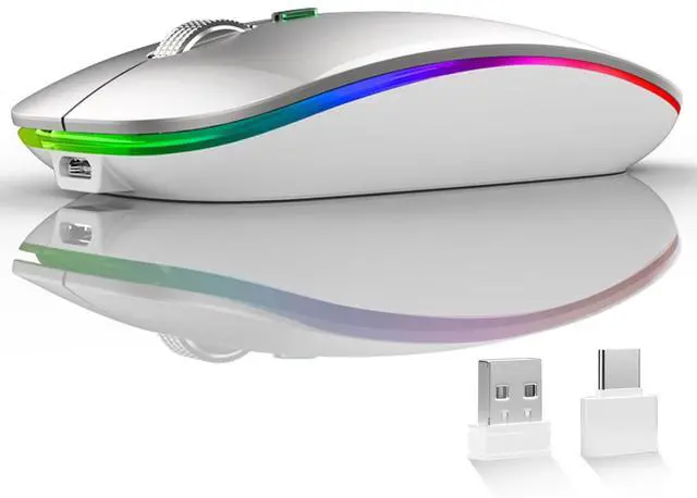 Main image of LED Wireless Mouse, G12 Slim Rechargeable Silent Mouse, 2.4G Portable USB Optical Wireless Computer Mice with USB Receiver and Type C Adapter (Silver)