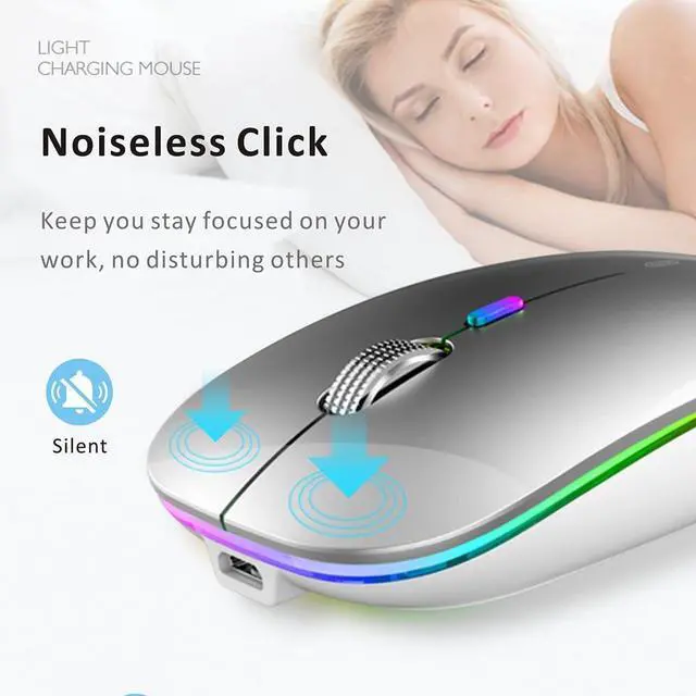 Alt view image 7 of 7 - LED Wireless Mouse, G12 Slim Rechargeable Silent Mouse, 2.4G Portable USB Optical Wireless Computer Mice with USB Receiver and Type C Adapter (Silver)