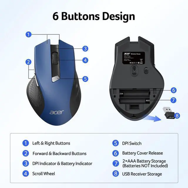 Alt view image 5 of 7 - Wireless Mouse for Laptop, 2.4GHz Computer Mouse 3 Adjustable DPI Office Cordless USB Mice with USBA Receiver, 6 Buttons, 1600 DPI, Medium to Large Sized Hands (Blue)