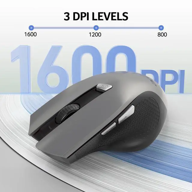 Alt view image 3 of 7 - Wireless Mouse for Laptop, 2.4GHz Computer Mouse 3 Adjustable DPI Office Cordless USB Mice with USBA Receiver, 6 Buttons, 1600 DPI, Medium to Large Sized Hands (Grey)